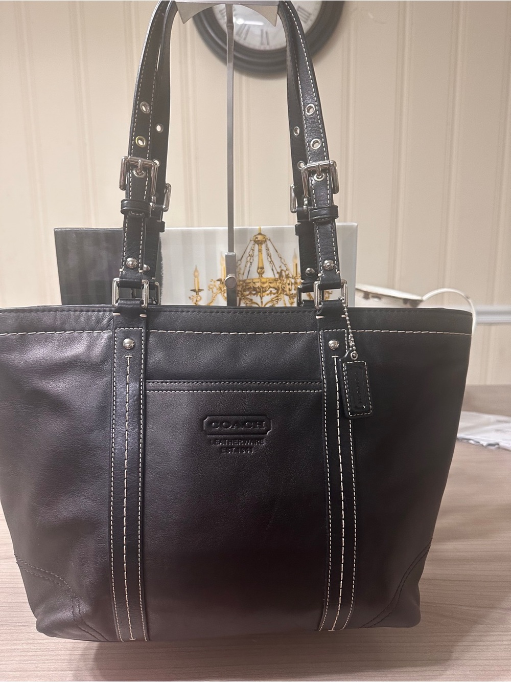 Coach 2008  Black Leather Tote Bag with Contrast Stitching